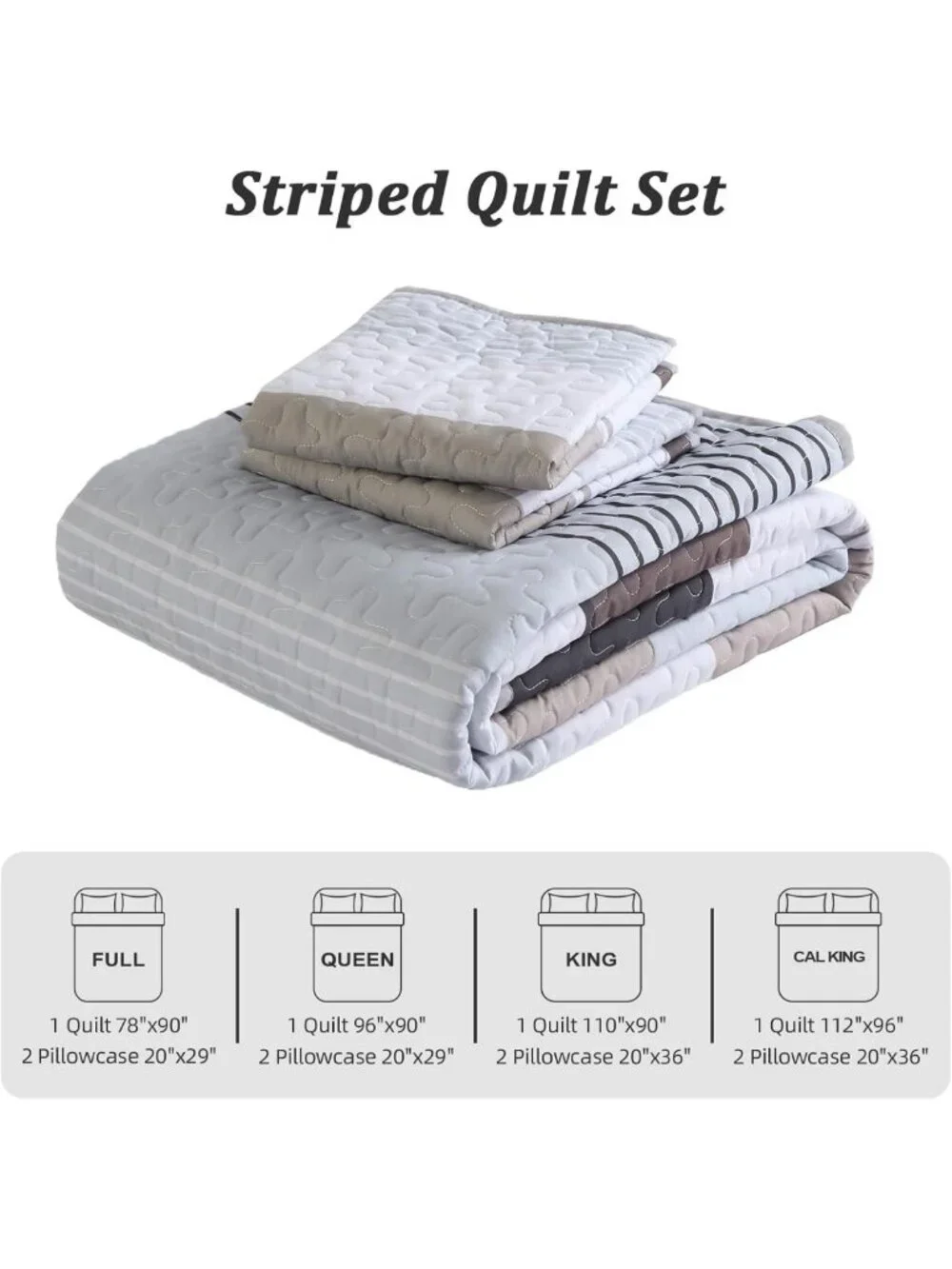 Cozy Grey Boho Quilt Set Queen Size | Lightweight Striped Patchwork Bedspread